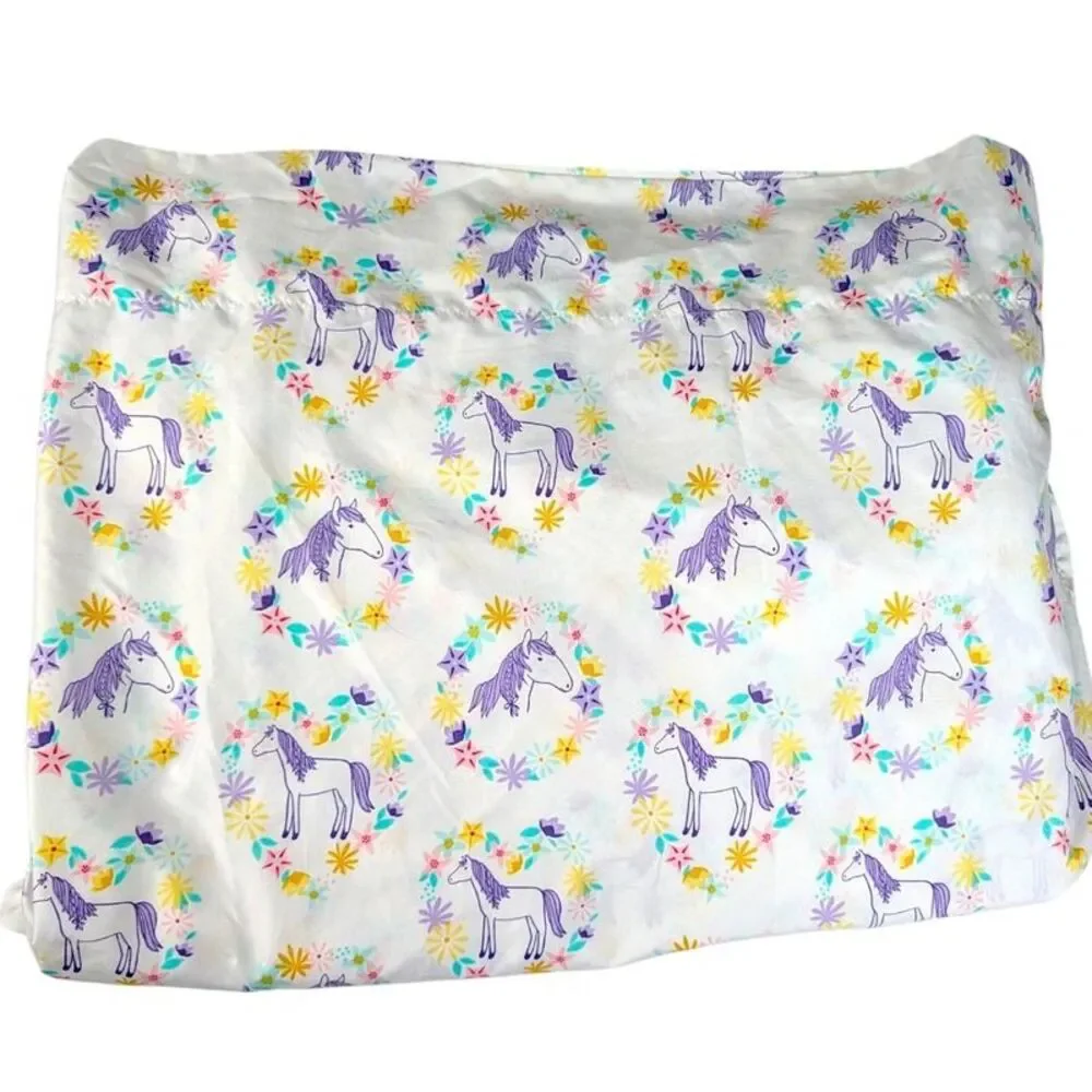 One Pillowfort Full Size Flat Sheet Horse Pony Floral Print White Purple 2016
